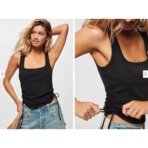 Pilcro Ribbed Tank Top Charcoal Gray Square Neck Ruched Side Tie Sz M Streetwear